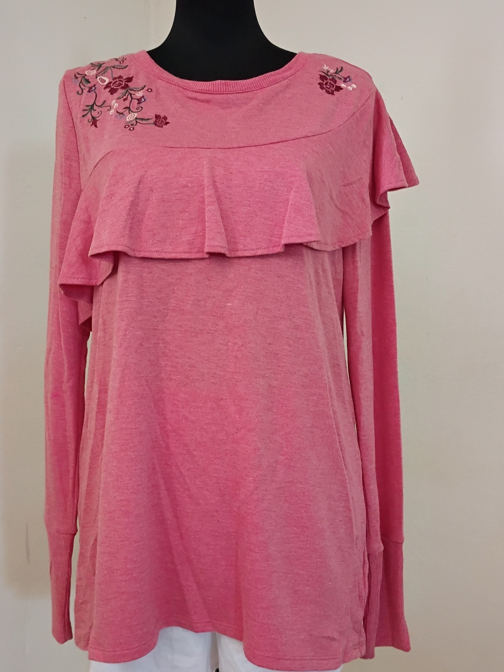 Hannah Pink Ruffle Floral Embroidered Long Sleeve Top